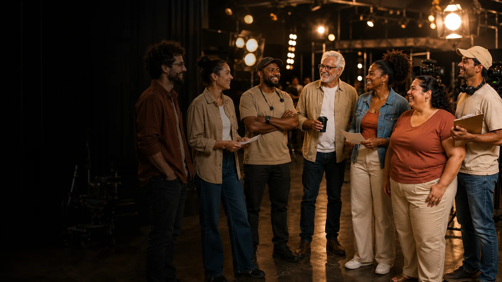 Grupo diverso de talentos em set audiovisual